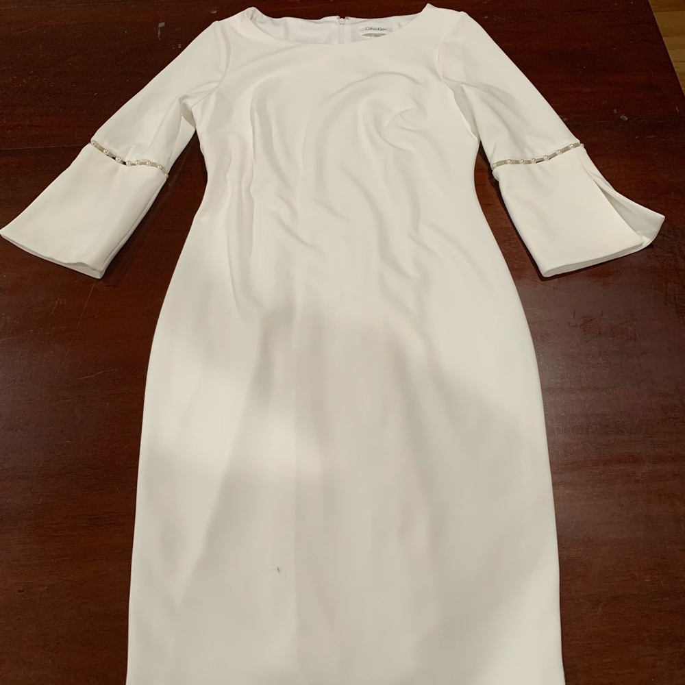 White Calvin Klein Dress with Pearls on sleeves - Picture 1 of 5